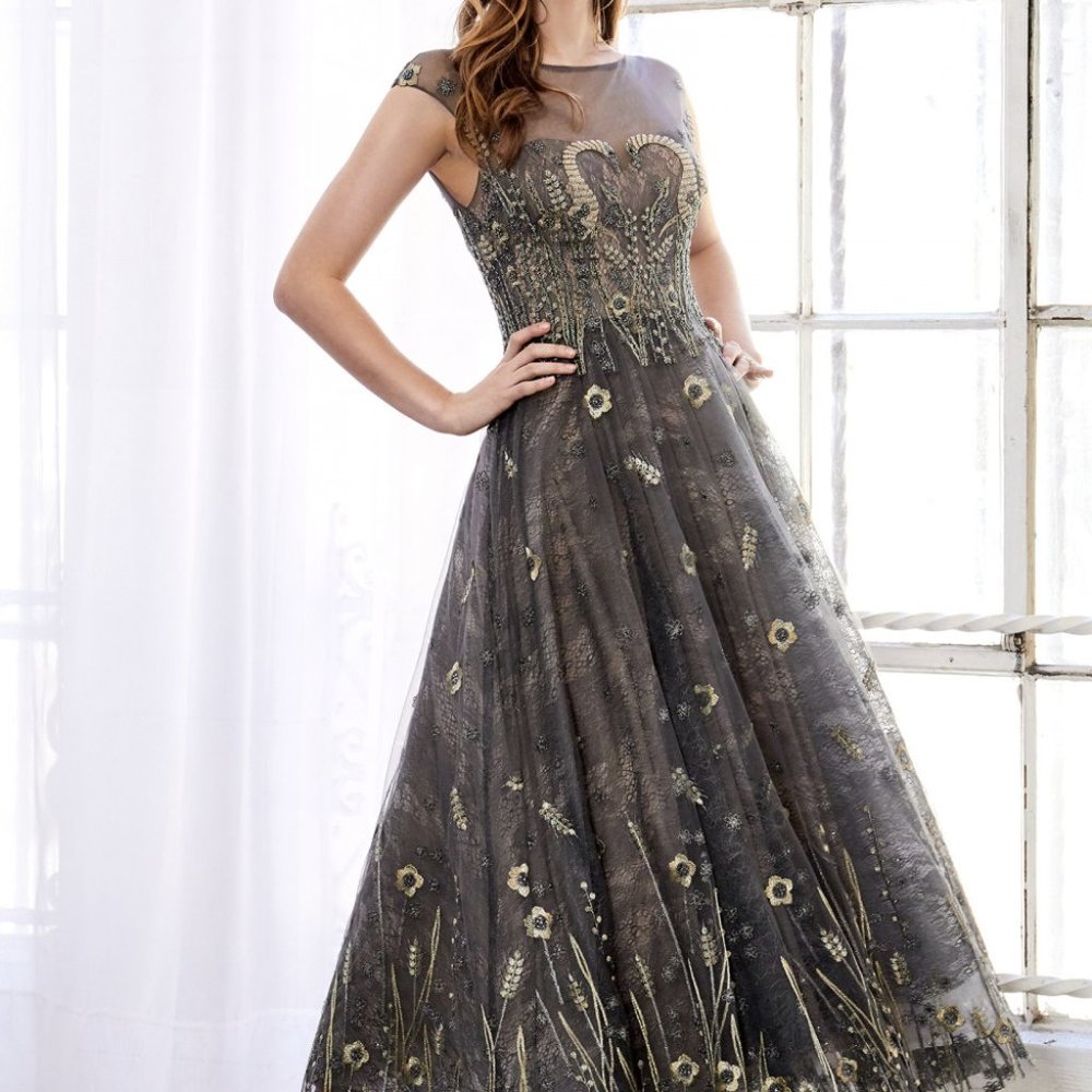 Illusion Neck A-Line Shape Grey and Gold Prom Dress Evening Gown ALA0981